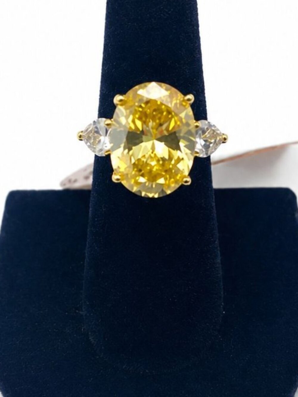 Gold Cake Ring Large Oval Canary Yellow CZ Crystal 925 Sterling Silver Size 8